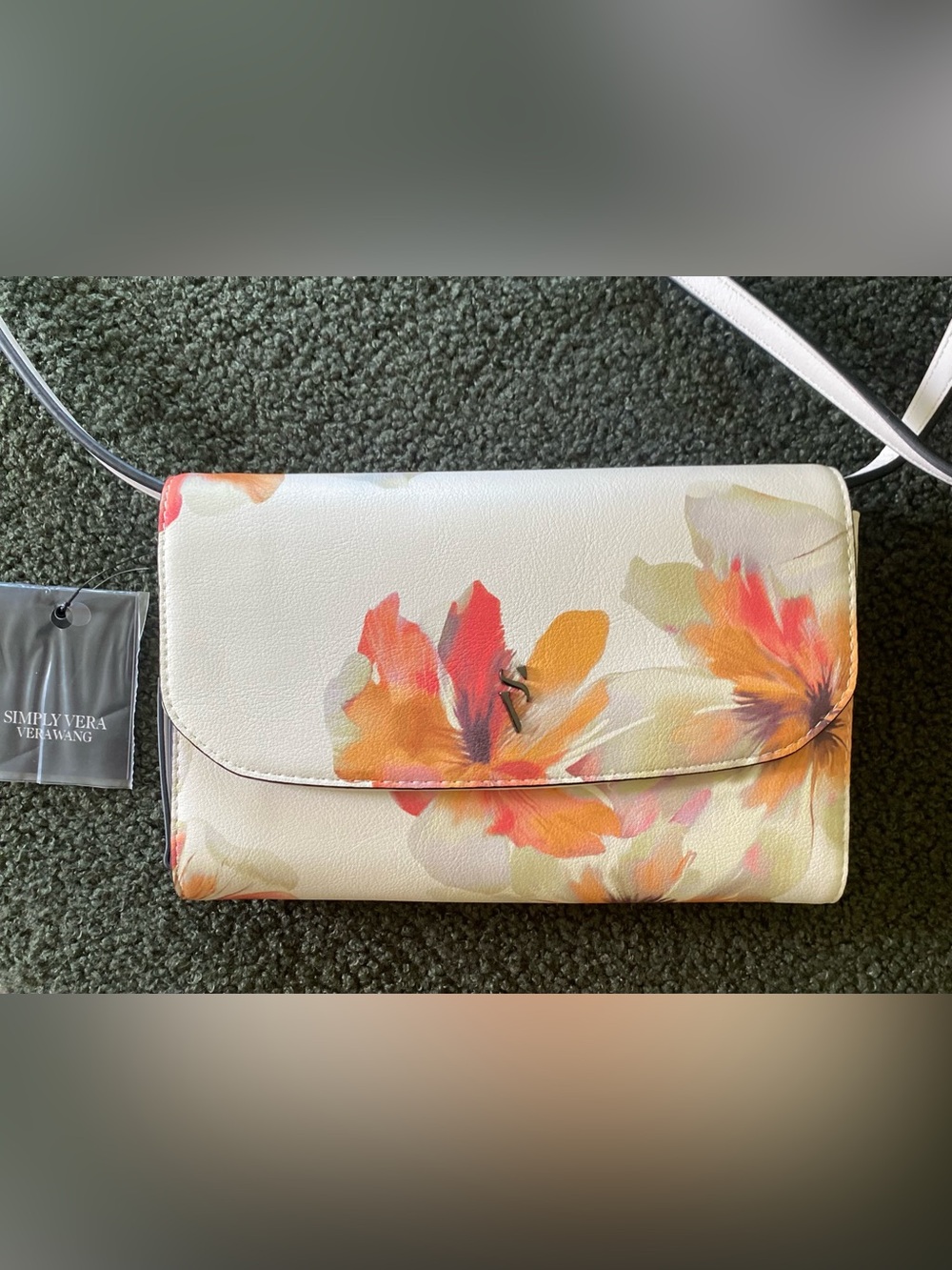 Vera Wang White Floral Watercolor Crossbody with Orange & Pink Blooms